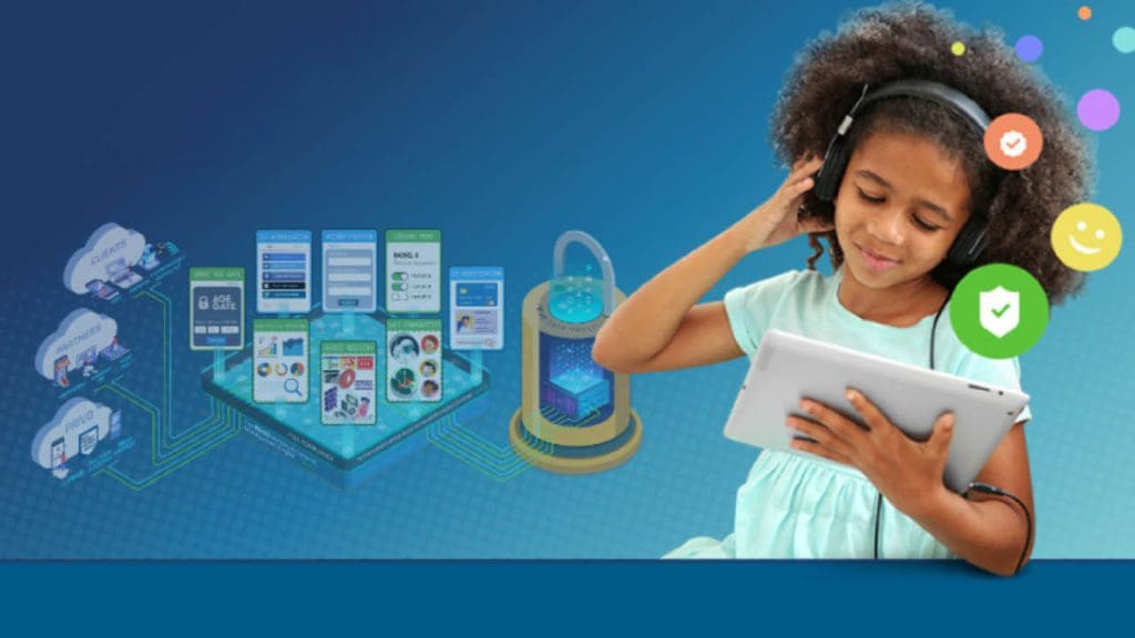 Graphic with a photo of a young girl listening to headphones connected to a tablet device. Graphics behind her illustrate how apps are connected on the cloud.